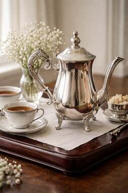 Vintage Silver Plated Footed Coffee or Tea Pot with Ornate Handle and Spout